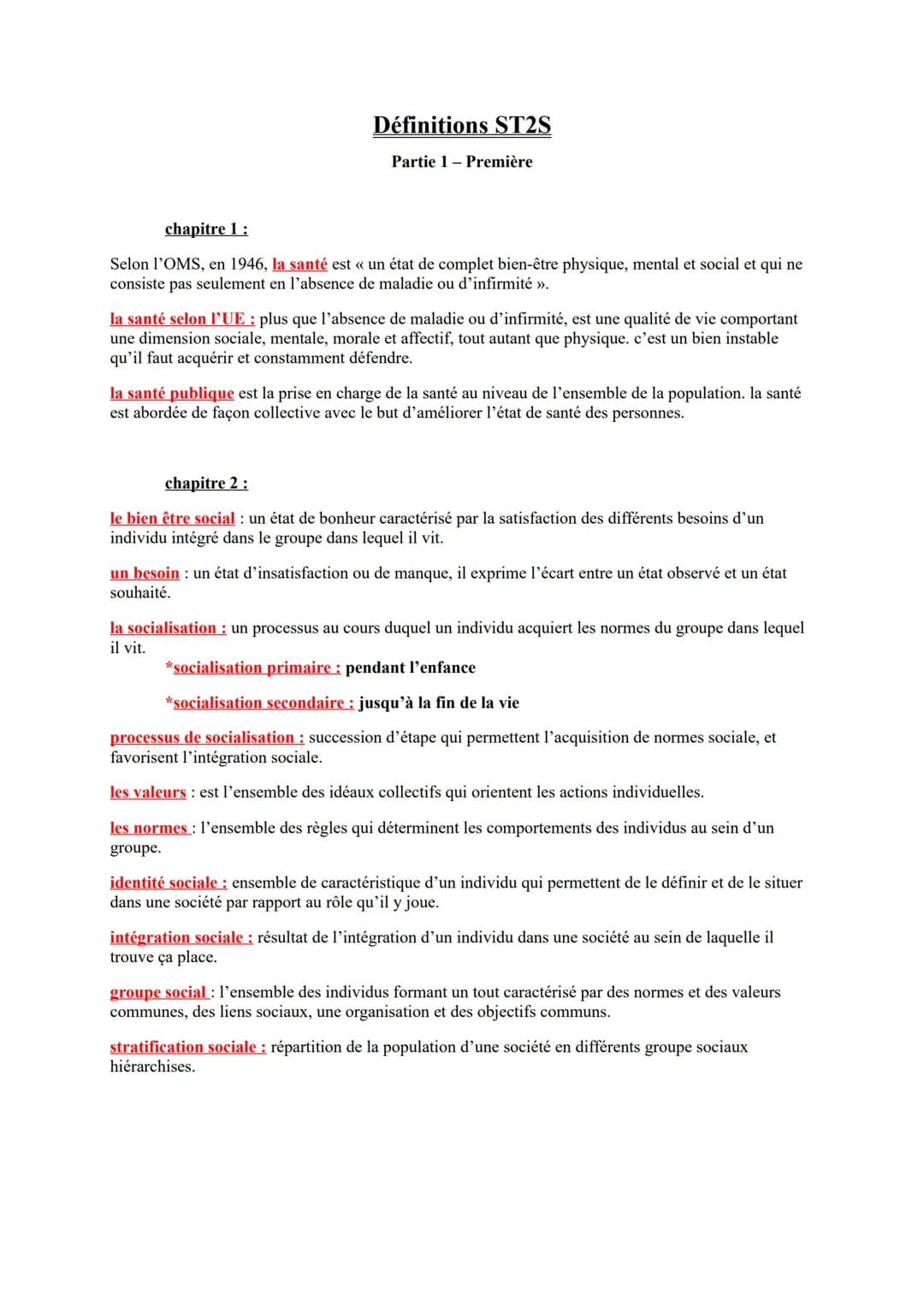 ### chapitre 1:
Définitions ST2S
Partie 1 - Première
Selon l'OMS, en 1946, la santé est << un état de complet bien-être physique, mental et
