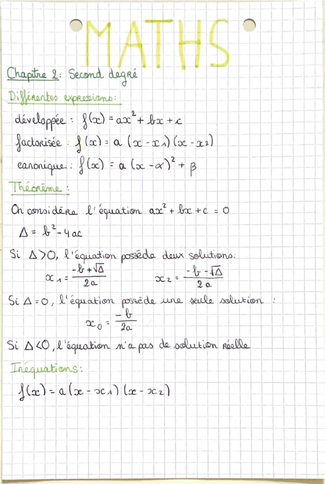 # MATHS
Chapitre 2: Second degré
Différentes expressions:
développée : $f(x)=ax²+ bx + c$
factorisée: $f (x) = a (x-x_1) (x-x_2)$
canon