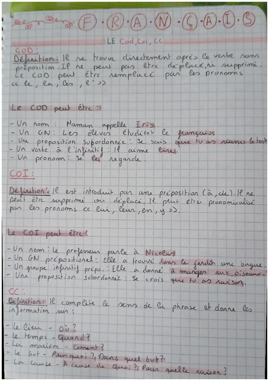 # FRANAS
LE Cod, Col, CC
COD:
Definitioni le se trouve directement après le verbe sams
preposition. Il ne peut pas être déplace, ni suppri
