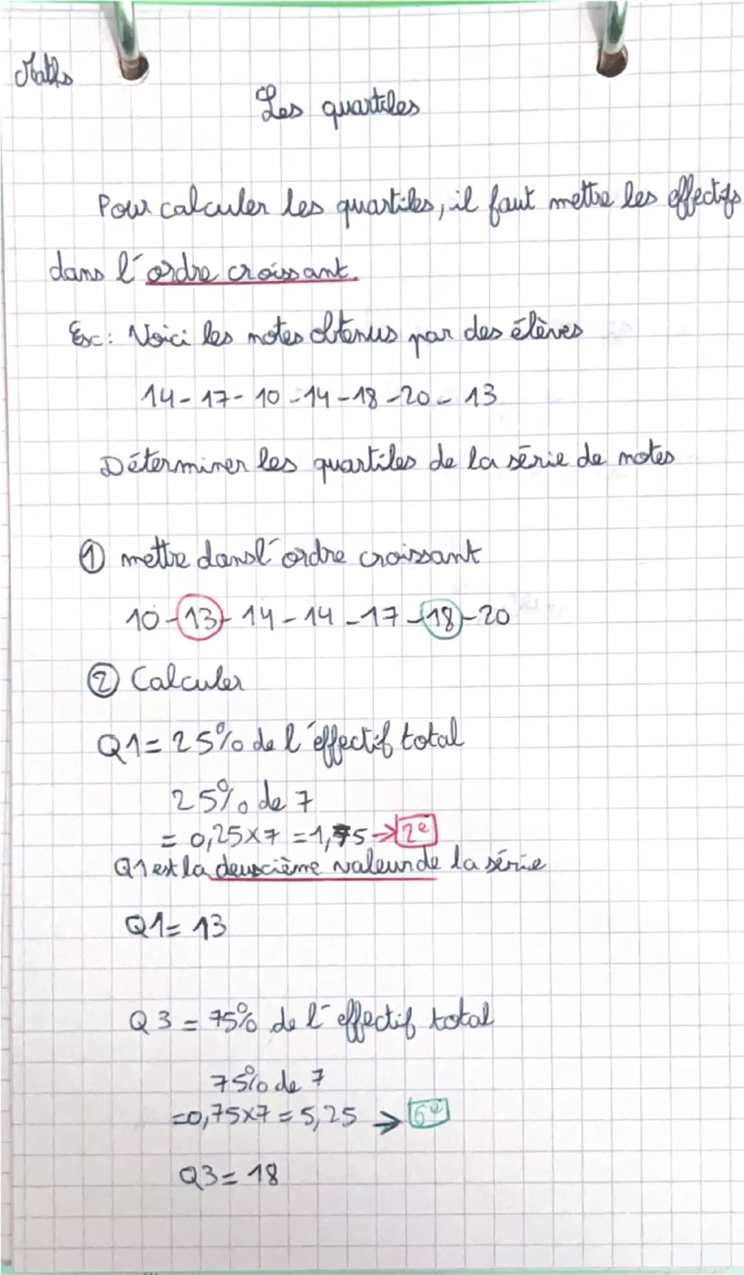 Maths
Les quartiles
Pour calculer les quartiles, il faut mettre les effectats
dans l'ordre croissant.
Esc: Voici les notes obtenus par de