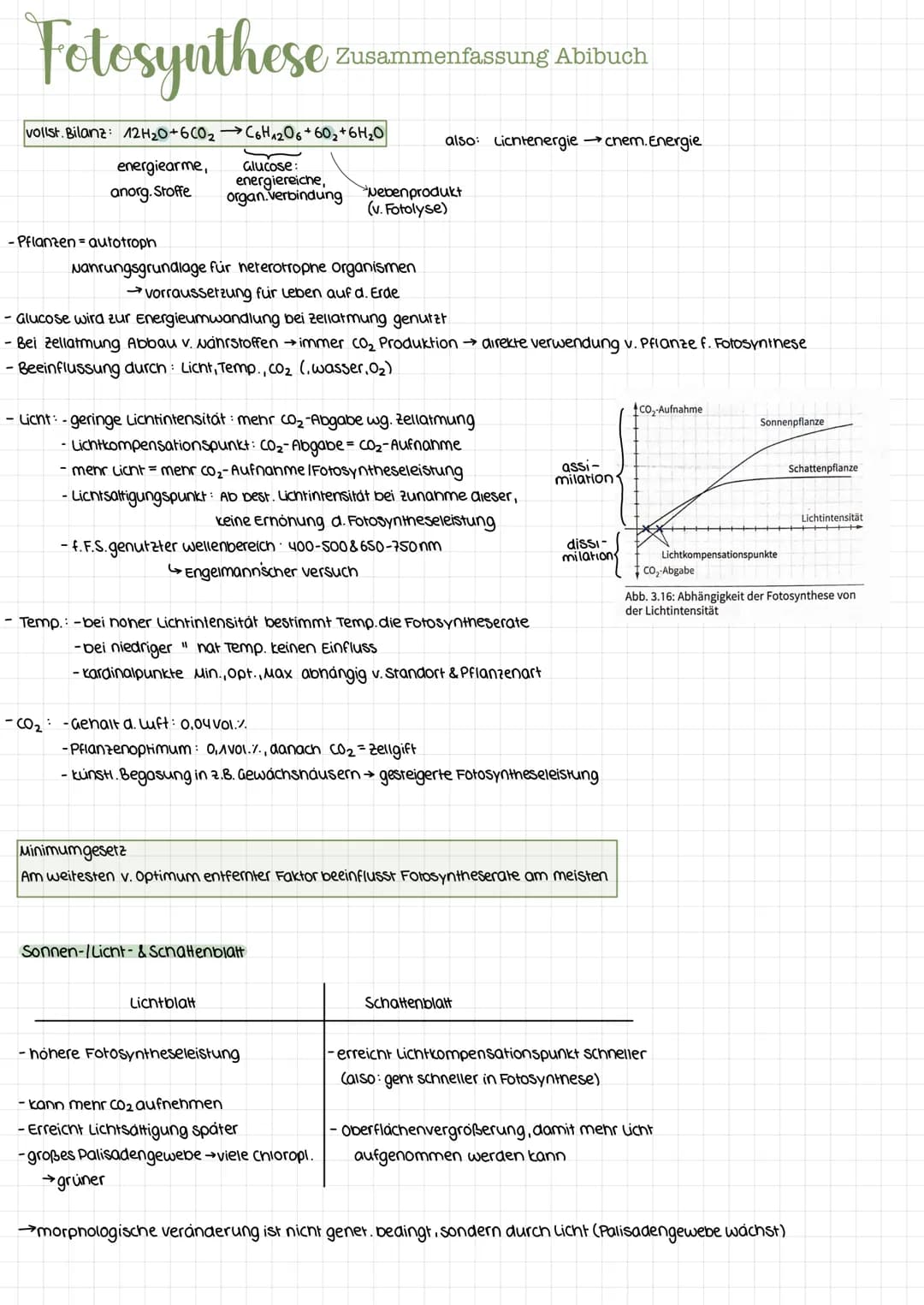 # Fotosynthese Zusammenfassung Abibuch
vollst. Bilanz: $12H2O+6CO₂\rightarrow C6H12O6+602+6H₂O$
energiearme,
Glucose:
energiereiche,
anor
