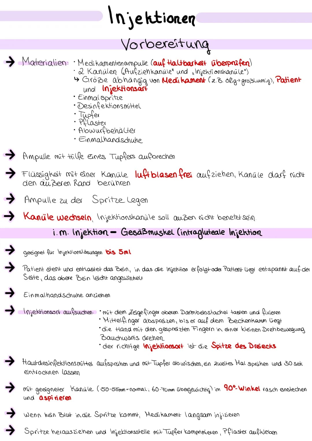 # Injektionen
## Vorbereitung
$
\rightarrow$ Materialien Medikamentenampulle (auf Haltbarkeit überprüfen)
$
\rightarrow$ 2 Kanülen (Aufzie