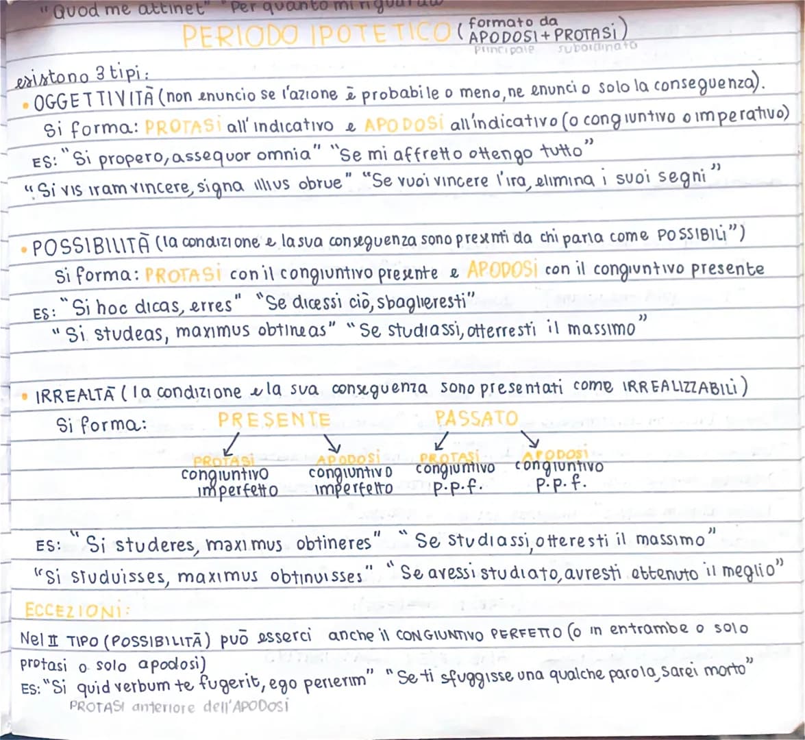 "Quod me attinet" "Per quanto mi rigouraw
PERIODO IPOTETICO (Formato da
APODOSI + PROTASI)
Principale subordinato
esistono 3 tipi:
* OGG