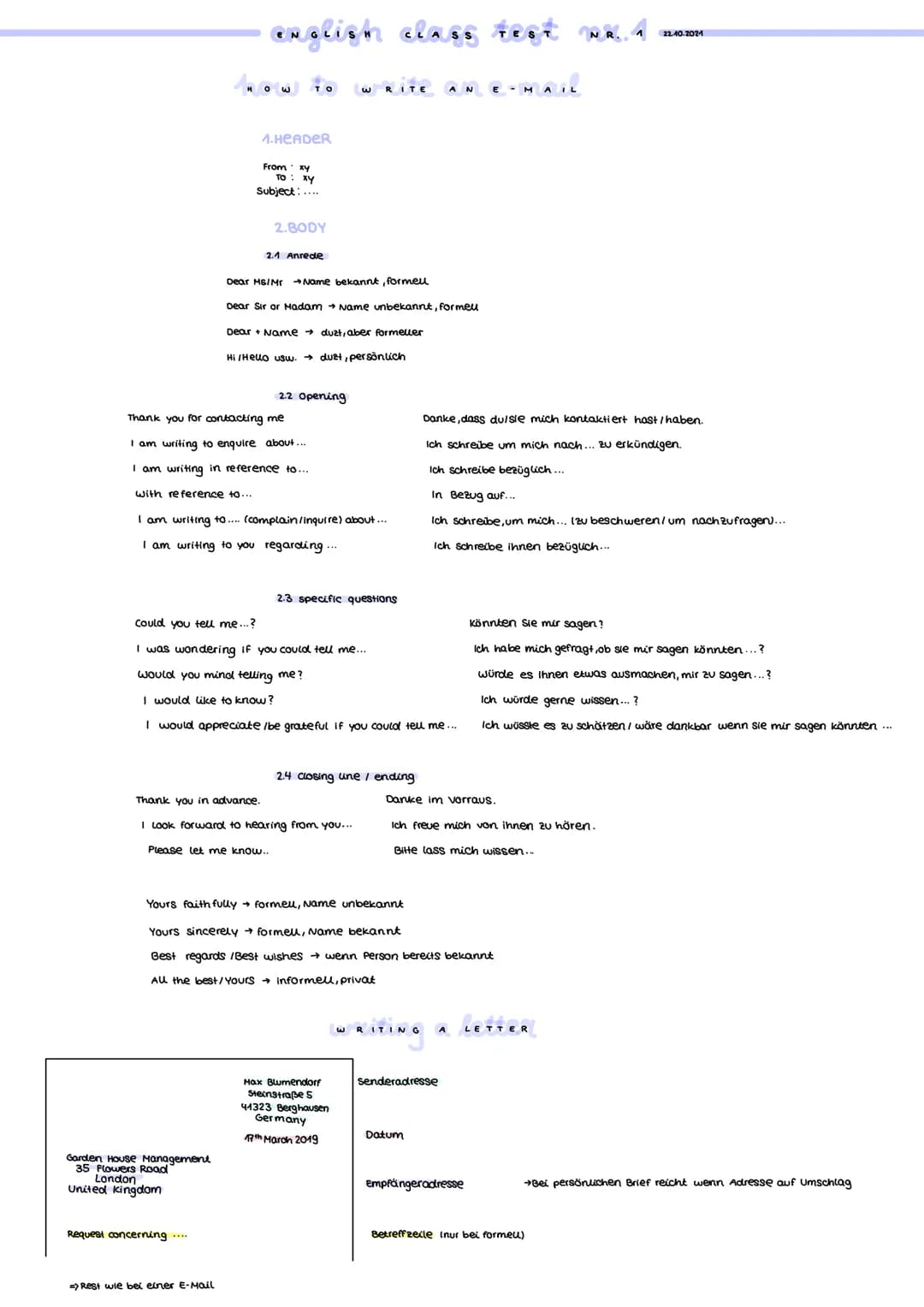 # english class Fest NR.4 пони
# How To WRITE AN E-MAIL
1. HEADER
From
Subject:....
2.BODY
2.1 Anrede
Dear Ms/MrName bekannt, formell