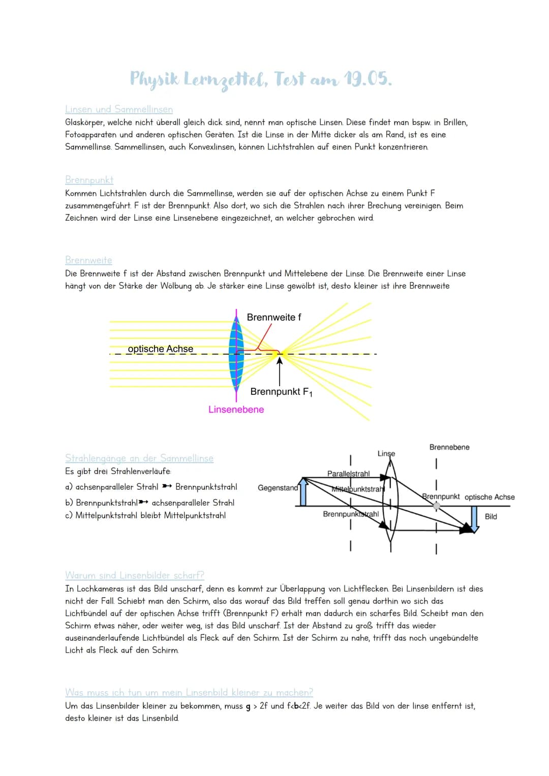 # Physik Lernzettel, Test am 19.05.
Linsen und Sammellinsen
Glaskörper, welche nicht überall gleich dick sind, nennt man optische Linsen. D