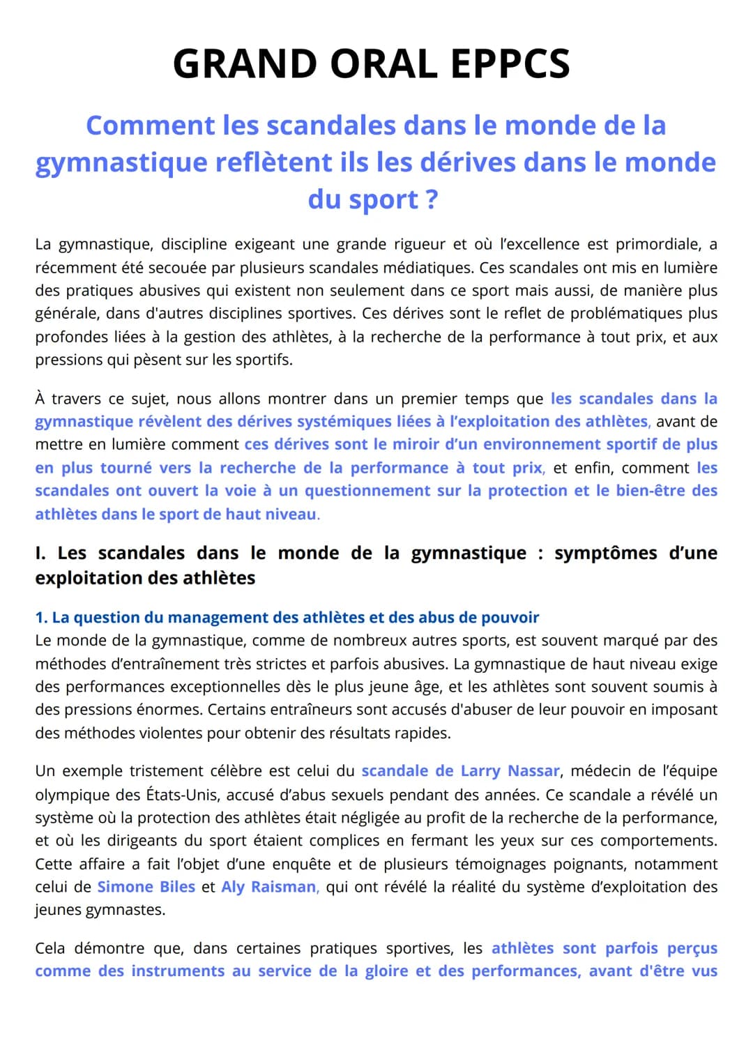 # GRAND ORAL EPPCS
Comment les scandales dans le monde de la
gymnastique reflètent ils les dérives dans le monde
du sport ?
La gymnastique