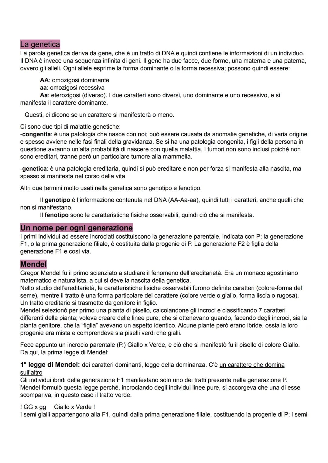 # La genetica
La parola genetica deriva da gene, che è un tratto di DNA e quindi contiene le informazioni di un individuo.
II DNA è invece