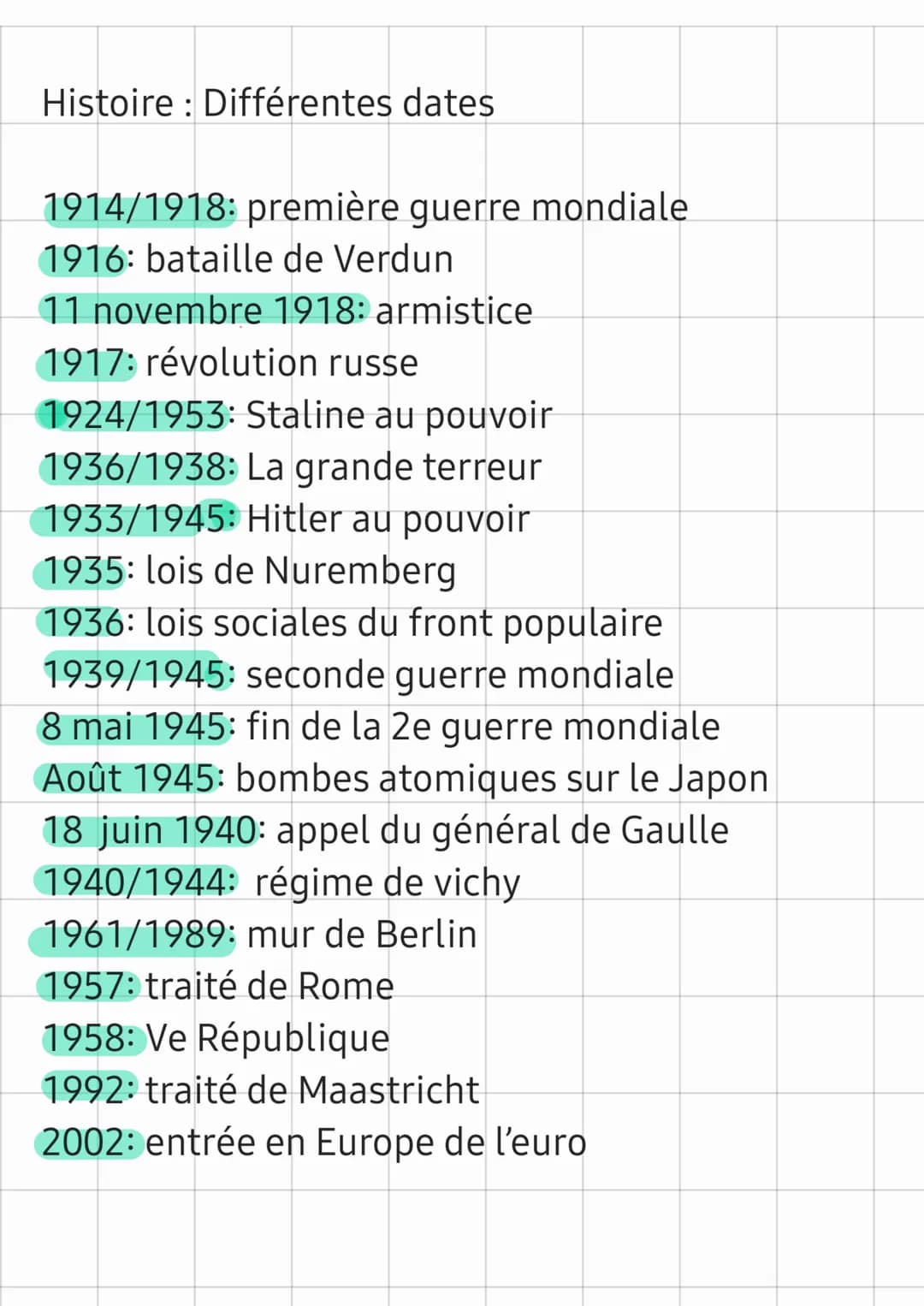 Histoire: Différentes dates
1914/1918: première guerre mondiale
1916: bataille de Verdun
11 novembre 1918: armistice
1917: révolution russe