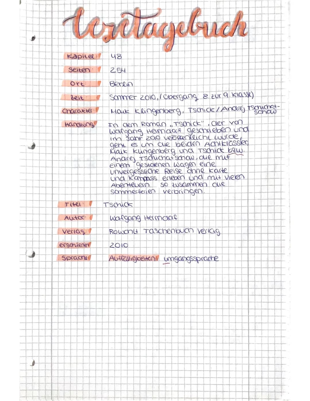 Tschick
Lesetagebuch
Zoe Kretschmar
8B Uzitagebrich
Kapitel 48
Seiten 254
Ort Beren
Zeit Sommer 2010, /Obergang & zur 9. klasse)
Chara