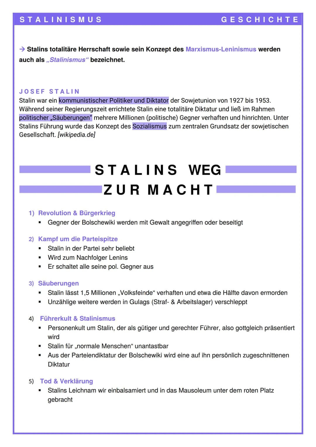 # STALINISMUS
GESCHICHTE
→ Stalins totalitäre Herrschaft sowie sein Konzept des Marxismus-Leninismus werden
auch als „Stalinismus" bezeich